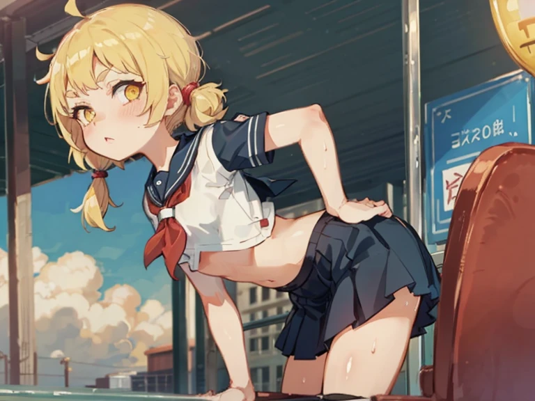 (UHD, retina, masterpiece, accurate, anatomically_correct, textured_skin, super_detail, high_details, high_quality, best_quality, high_res, 1080P, HD, 4K, 8k, 16k), (beautiful_detailed_eyes, beautiful_detailed_lips, extremely_detailed_eyes_and_face), soft_lighting, physically-based_rendering, vivid_colors, (large_breasts:1.5), (shiny_hair, shiny_skin, tanned_skin, blush), (bangs:1.5), eye_reflection, (bokeh), smile_and_laugh, (skimpy_seifuku:1.5, very_short_skirt, pink_bra, open_shirt), midriff, blonde_hair, white_knee_socks, wide_hips, thick_thighs, huge_butt, butt_focus, POV, From Behind, facing_away