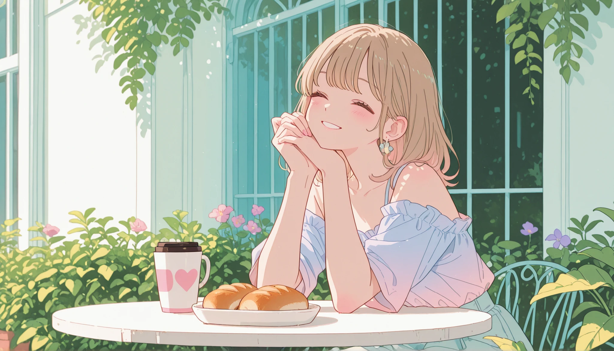 １women、Light Brown Hair、Semi-long、Smile Yan、facing diagonally、From the waist up、holding my hands up and stretching、Morning Light、A pleasant morning、terrace、outside garden、Outdoors、plant、table、Bread、１Coffee in two cups、pastel color、Fashionable color、dull color