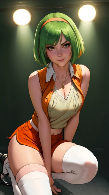 1girl in, short-hair, Blue eyes, Jewelry, Solo, Skirt, Looking at Viewer, Yellow-green hair, Tattoo on the arm, Bikini, Lips, FULL BODYSHOT, espadrilles, The whole body is reflected, Seated Pose