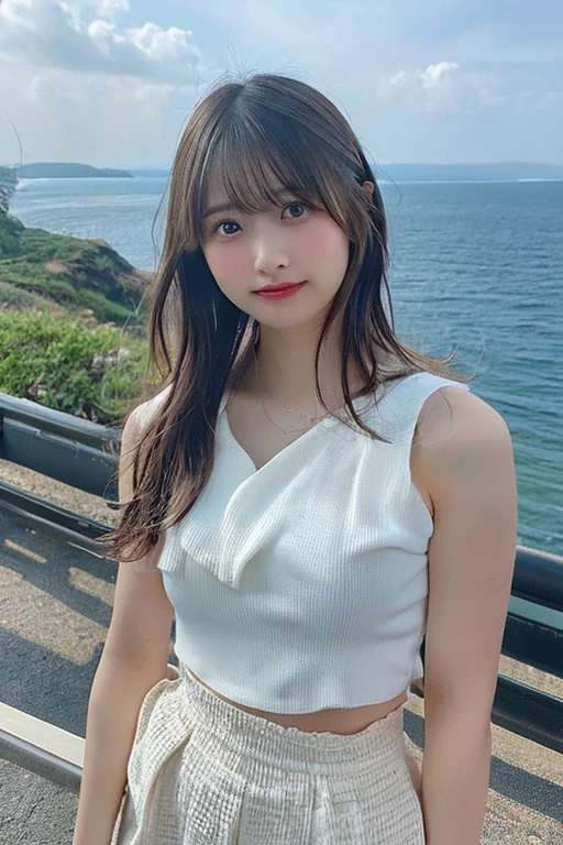 (realisitic、hight resolution)、(1 girl in):1.2)、Women in Japan、((Black wavy hair):1.3)、(Black eyes:1.1、tthin eyebrows、small moles under eyes)、neck tie、(white  shirt、Red Sports Shorts)、with blue sky and white clouds(top-quality)、Top image quality、Photographic、large boob、(No biological defects)、(Not biologically excessive)、toppless、full of sweat、(vaginal)、streaks、(wet​)、an lingerie、8K picture quality、Clothing transmittance 80%、