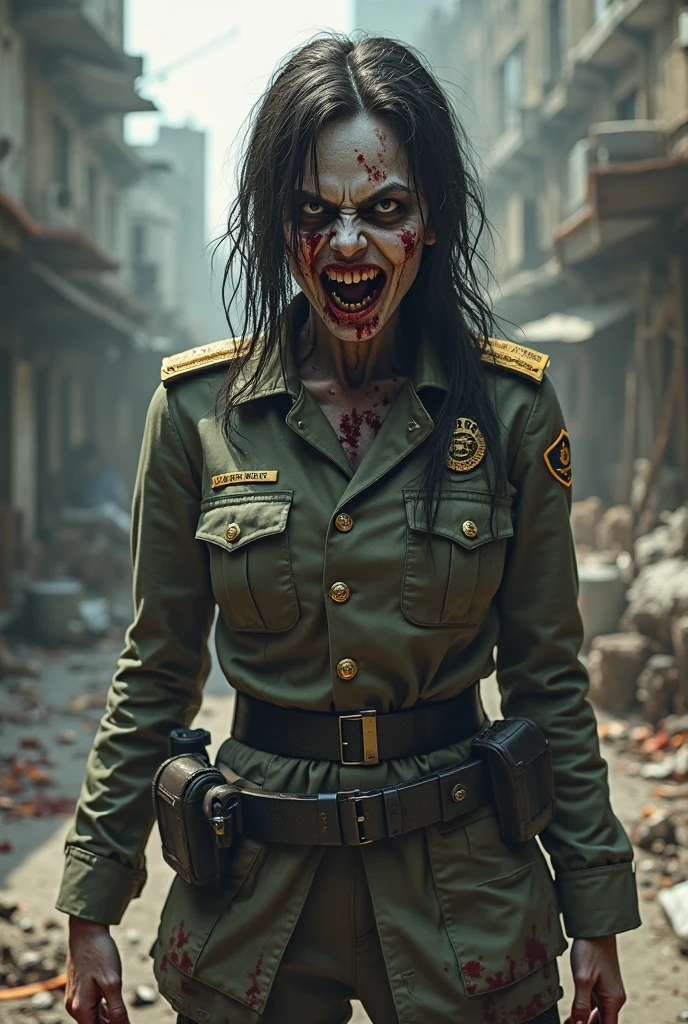 girl, blood at the corner of the mouth, battlefield, red, dirty glass, mutilated top, machinery, zombies