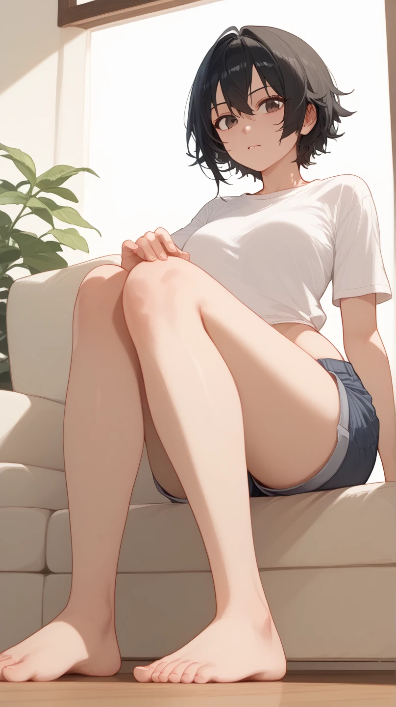 ((Medium Shot)), beautiful girl, skinny, boyish, very short hair, brown hair, (wear a white long-sleeved T-shirt), (white bikini panties) , Perfect hands, Perfect body, put her feet on the table., (bare foot), ((looking away)), ((Exquisite detail)), Very finely crafted fingers(((10 fingers))), , (Full-body showcase), (Show your whole body), (No logos on background), (No logo), The camera frame is taken from below.,