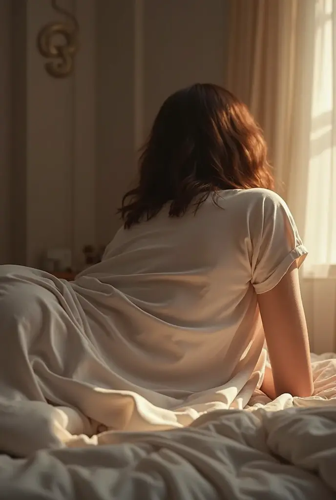 Asian half-brunette wearing form-fitting pink fuzzy pajama pants and plain T-shirt, Rear view, dynamic lighting, two-tone lighting, high contrast