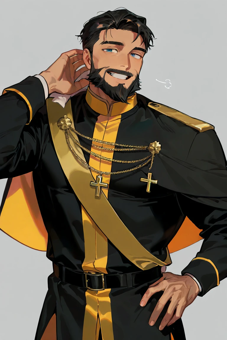 score_9, score_8_up, score_7_up, score_6_up, perfect anatomy, perfect proportions, best quality, masterpiece, high_resolution, high quality, aesthetic, absurdres, (male focus), solo male, adult, mature, masculine, manly, handsome, charming, alluring, cowboy shot, dutch angle, Zabaniyya, TASZabaniyya, gold eyes, black hair, short hair, facial hair, stubble, TASZabaniyya_outfit01, glowing halo, black bodysuit, white tunic with golden accent, white tunic featuring a golden cross, black sleeves, hip vent, black leggings, (recline lie down, sprawled, mid-air, flying, dynamic combat pose;1.3), powerful, confident, calm expression, dark background, embers, epic, surrounded by fiery chains and glowing energy