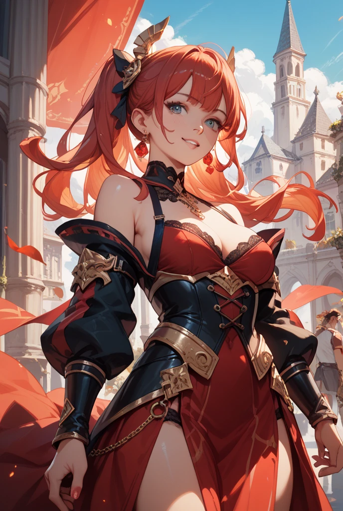 (masterpiece), best quality, expressive eyes, perfect face,Diluc_(genshin impact),red hair,wavy ponytail,cleavage,big breasts,magical girl,(red and black magical girl dress:1.3),detached sleeves,(frilled skirt:1.3),(black stockings),(thigh gap:1.5),bracelet,blush,light smile,winery,barrels,fantasy background,studio lighting,standing,cowboy shot,looking at viewer, eyeshadows, eye liner,glistening eyes, hyper detailed eyes, intricate eyes, beautiful eye,red eyes,standing,fighting pose,bangles,earrings,[[claymore]],holding weapon