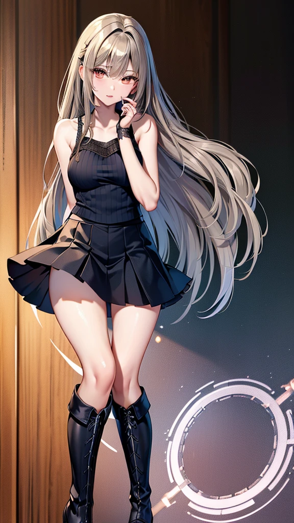 masterpiece, Highest quality:1.2),8k, 4K High Resolution, Super detailed, High-quality texture,High detail, High Quality Shadows, Beautiful and delicate face down to the last detail, Beautiful and delicate eyes、One Woman, alone,Shiny skin、Very large breasts、Very thick legs、Are standing、Composition from the front、smile、Look forward、Stand up straight,Looking into the camera、Draw a face、Golden eyeash the top part of your hair、Long short hair、Depth of written boundary、Shiny black tight skirt、White sleeveless business shirt、Black Hair、Put a belt around your waist、Show your armpits、Unbuttoning clothes