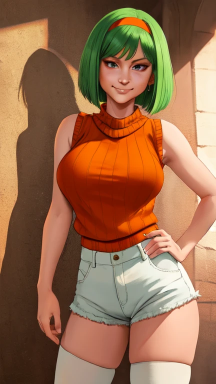 bulma, petite, ttpt-fc, <lora:ttpt-fC-v1.3c:1>, breasts, 1girl, green hair, white shirt, red pants, park, sky, trees, perfect anatomy, thigh gap, comics style, analog style, illustration, lineart