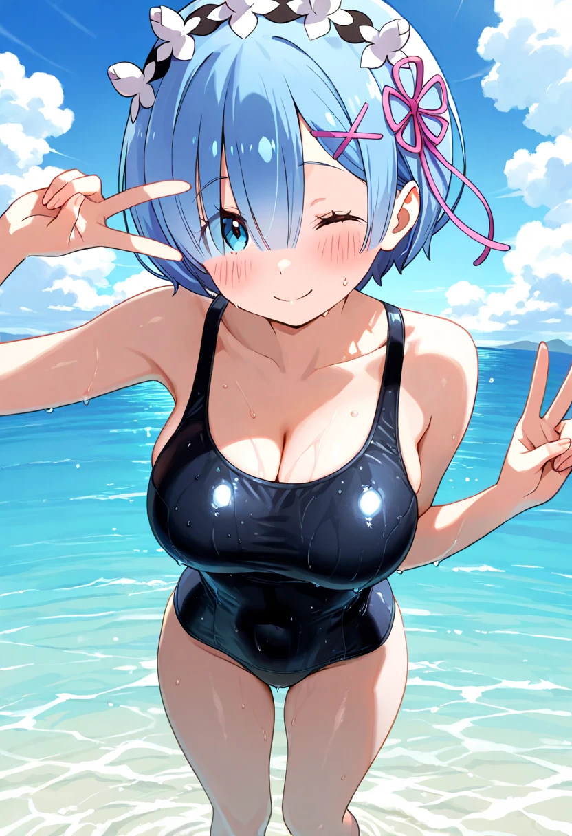 Mejiro Ardan \(umamusume\), one piece pink swimsuit, large breasts, thighs, swimming pool, (soaking wet:1.2), smiling