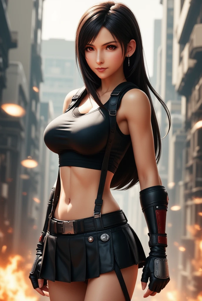 Tifa,(Garment Lift:1.4),1 Gil,alone,gloves,elbow gloves,fingerless gloves,chest,suspenders,Knee socks,Crop top,Tank top,skirt,black Knee socks,suspender skirt,black skirt,Earrings,jewelry,abdomen,View your viewers,Elbow pads,white Tank top,black gloves,Realistic,boots,shirt,underwear,panties,Long hair tied low,Sporting goods,miniskirt,Arm guard,belt,Underbust,white panties,Red footwear,black panties,pleated skirt,clavicle,Bottomless,Combat Stance,No sleeve,Shorts,pencil skirt,
Sexy pose,Highest quality,masterpiece,figure,Very delicate and beautiful,CG,Unity,8k wallpaper,wonderful,In detail,masterpiece,Official Art,Very detailed CG Unity 8k wallpaper,Incredibly absurd,Large file size,Very detailed,High resolution,Very detailed,Beautiful detailed,Realistic,from the front,Outdoor,Light contrast,垂れ下がった重いchest.巨大なchest.Magnificent nipples