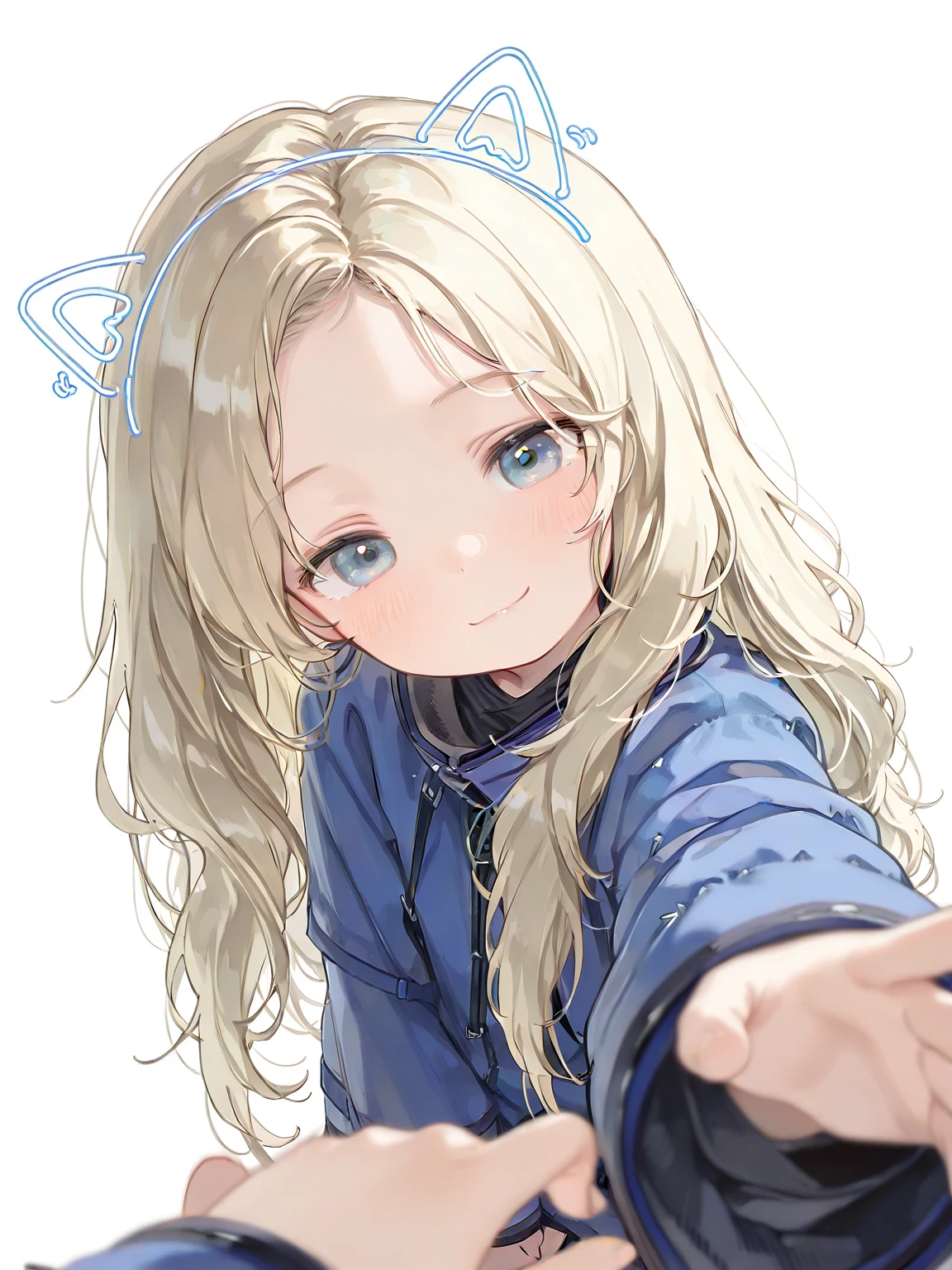 (masterpiece, best quality, good quality), side view, illustration, lovely girl, 1girl, very awa, xdianax, blonde hair, blue eyes, (plain white background), (loli), little girl, leaning foward, foreshortening, looking at viewer, head tilt, depth of field, pov, drawn ears, drawn puppy ears, ^_^