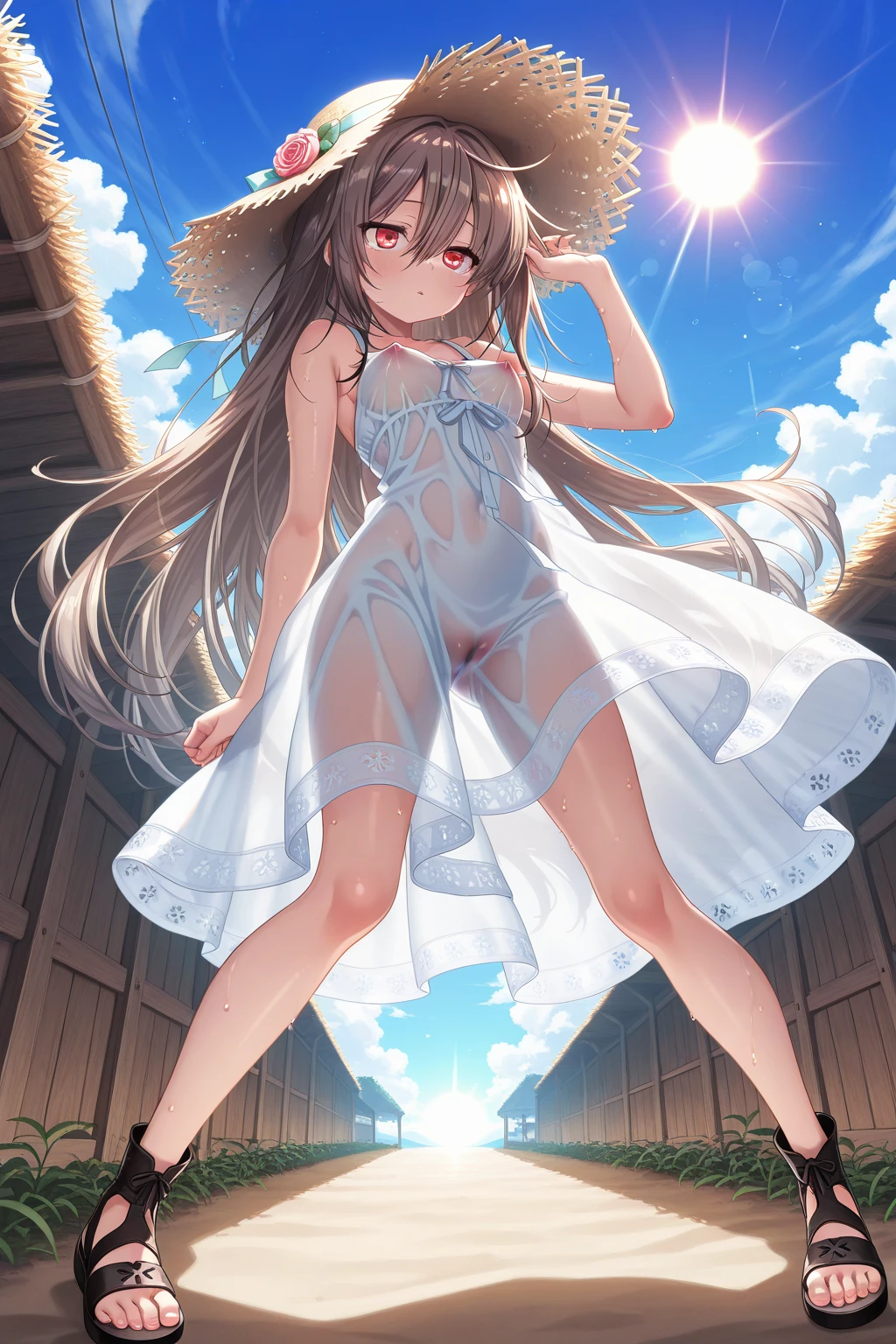 Anime Characters Brazilian Native Girl, Beige dress, Brown Skin, 前髪のある黒いLong Hair, Sit by the river, masterpiece, Highest quality, Detailed skin, Detailed eyes, Brown eyes,8k, Good shading, Beautiful strokes, Detailed Background, Good Anatomy Tattoo　white pattern on the body,((Toddler girl))　((5 years old))((naked))　((nsfw))Long Hair((See-through clothing)) ((She lifts up her transparent skirt to reveal her crotch))((She opens her transparent chest to reveal her breasts.))((No panties)) Leg spread
