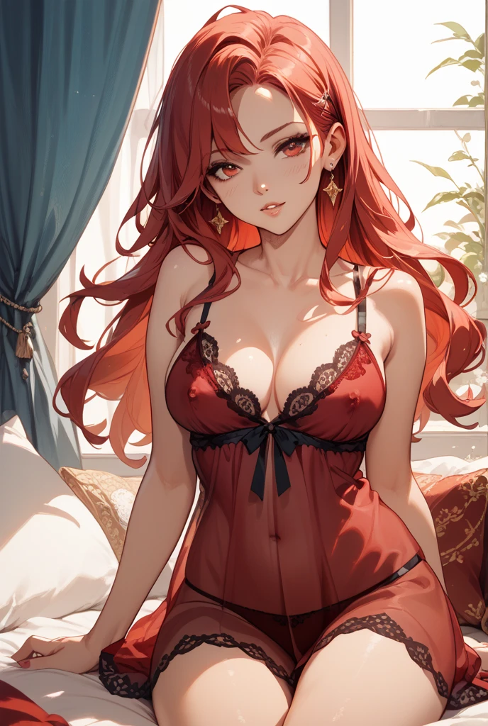 ((Best quality, 8k, Masterpiece :1.3)), dramatic lighting, beautiful woman, 1girl, huge breasts :1.3, (firm abs, slender figure :1.1), lustful, dark brown hair, (panties :1.1), ultra-detailed face, detailed lips, detailed eyes, double eyelid, hot couple, boyfriend, man friend, double pose, bed, boudoir,sexy,seductive,red hair --auto --s2