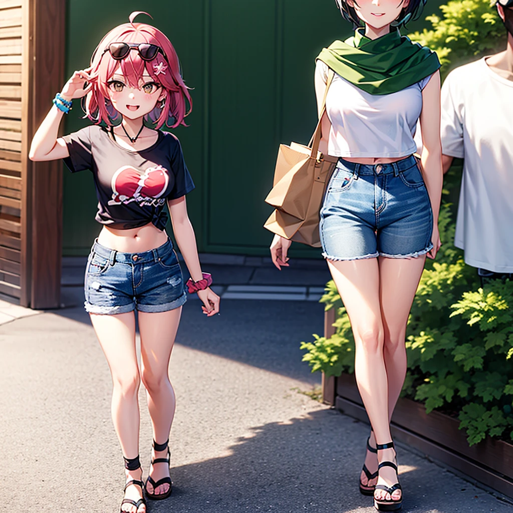 ((1girl)), one 21 year old girl, short red hair, glasses, choker collar, blue bra, jean shorts, standing, cowboy shot, shopping, street, dramatic lighting, cinematic lighting,