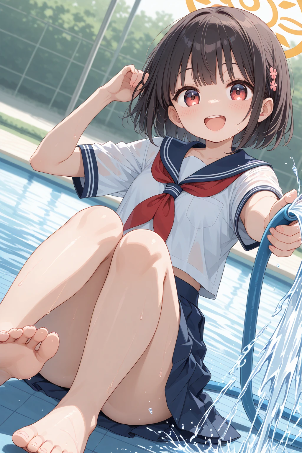 superfine illustration, Perfect Anatomy, Best Quality, Hires, amazing shading, Beautiful skin, 1 little girl, nose blush, Saliva, ???????,  Close eyes, ,School Uniforms , Barefoot, Full body, SEX, Yor, touches crotch, (Rubbing the crotch with your hands:1.2), (on the poolside:1.5), suggestive pose,open open mouth