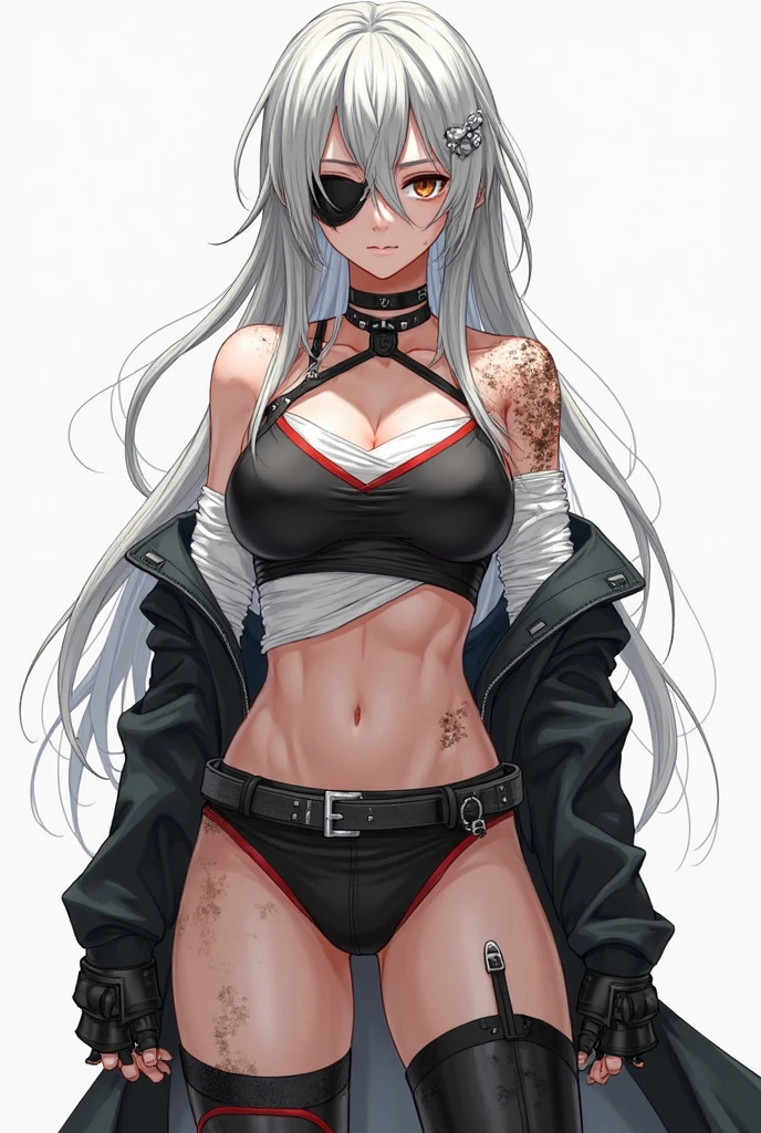 1girll, White hair, red eyes, nabel, looking at viewert, hand on hips, black black jacket, dolphinshorts, groin, (white shirt:1.2), pigtails, Very long hair, Wide buttock,
underbust,bra
big\(BodyProportions\),