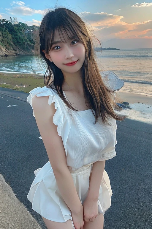 Beautiful scenery against coastal background，one-girl，eyes with brightness，Sunlight shines on the skin，With a carefree expression，Beach as background，There is a lighthouse。The sea breeze blows gently，The girl poses playfully，dynamic compositions，It was prime time when filming，The background is blurry but rich colors are still felt。The image is finely detailed，Surreal feeling，A 50mm lens was used to express a relaxing atmosphere。This is a portrait photograph，Shot with 35 mm film，The natural blur effect is noticeable。The girl wears a white chest wrap on the upper body，The lower body is wearing a long skirt。She is a minor girl，Slender fingers，Show off your whole body with a smile。She has slender legs and young girl proportions。
