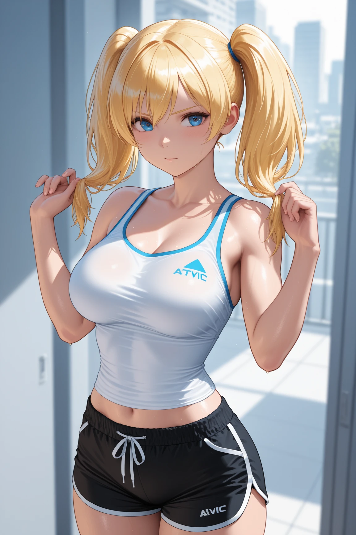 Big breasts, she is a Milf ((busty beautiful dark skin, 35 years old)), ((natural punk style straight blonde hair, voluminous side bangs, ponytail)), double eyelids, light eyes, detailed eyes, hyper detailed, effect with clear eyes, detailed iris, with incredible breasts and perfect waist, and an extremely sensual body, ((simple black sports blouse, blue, stylish and cool short leggings)), ((round breasts))), beautiful heavy makeup, cleavage, ((masterpiece, hyper realistic, hyper detailed, best quality, 16k, light and shadow effect on the skin, vivid colors)), eyeliner, passionate expression, perfect parted lips, innocent and sexy face, she is sassy, (( skin with light and shadow), beautifully seductive, ((she is beautiful)), elegant pose, flirting with the viewer, in variable sensual pose, inside the gym, beautifully seductive in the gym posing, glass wall on the left ( (from behind, upturned butt))