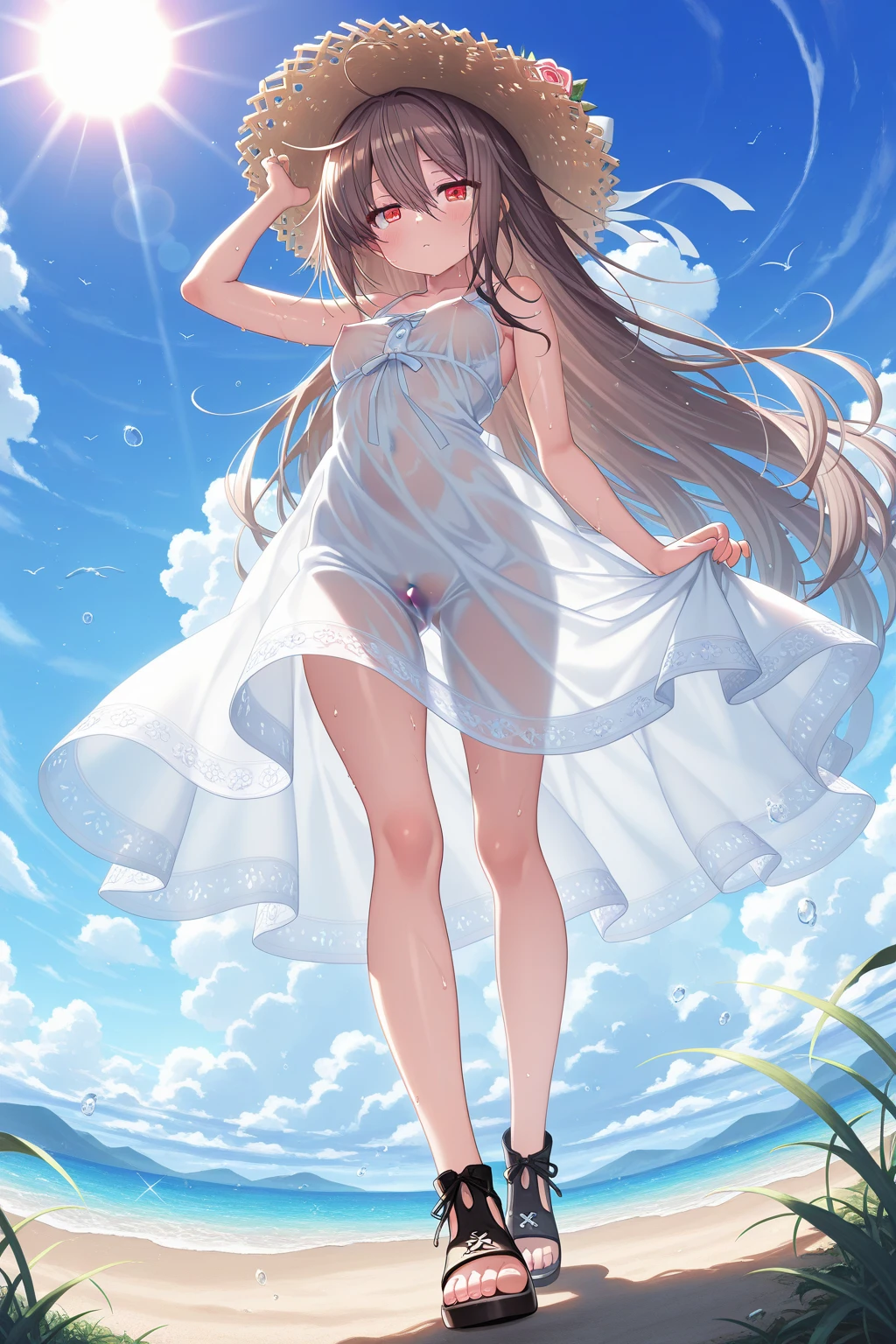 夏天, suns, the ocean, sea beach,Beautiful woman in white sexy lace thong lying on the ground,Give the butt a little close-up,Wear beautiful accessories --v6