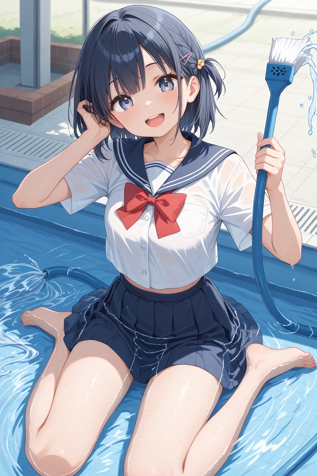 score_9, score_8_up, score_7_up, source_アニメ, masterpiece, 1girl, watahana, blue eyes, hair ornament, hair flower, school outfit, blue dress, sailor dress, white sailor collar, red bow, outdoor, school yard, field, cowboy shot, looking at viewer, indoors, open mouth, Black Hair、Shiny Hair, Highest quality、Water Play, Skirt fully open、Long wide skirt、cute、White underwear、blush、Watery eye、Lots of water、Wet、((Wind power increase))、The skirt floats on the water、(drowning water)、(Underwater Shot Of The Swimming pool)