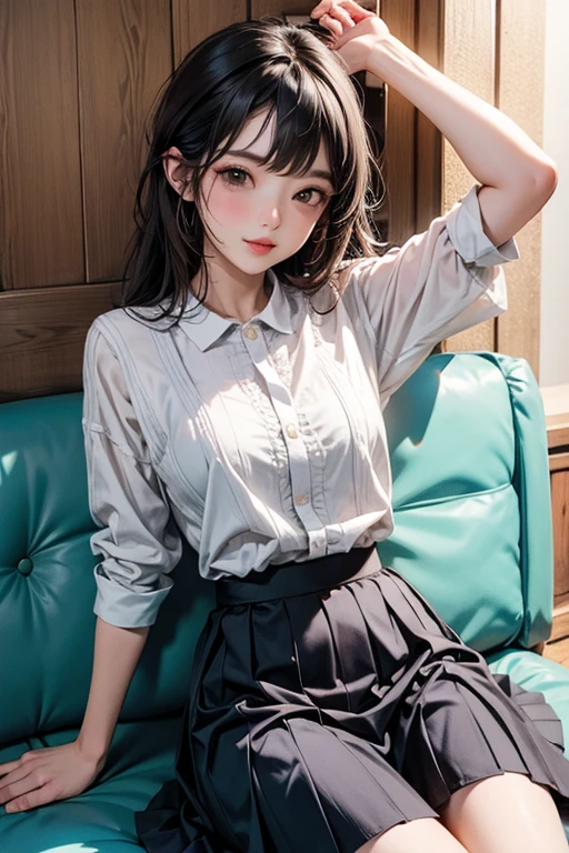 Loli anime girl, Realistic Shadows, Detailed skin, Very small breasts, Black Hair, Very detailed, 8kのVery detailedな顔, perfect face shape, Perfect Lips, Perfect Nose, Correcting Beautiful Eyes, watching viewer, White shirt, Hair Flower, masterpiece, highest quality, Single woman, No bra, No panties, alone