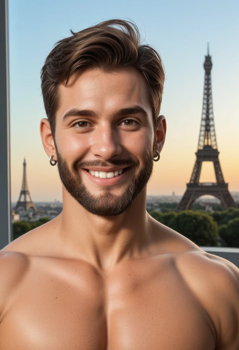 Portrait d’Emmanuel Macron shirtless dans une rue de Paris , natural light, pointu, detailed face