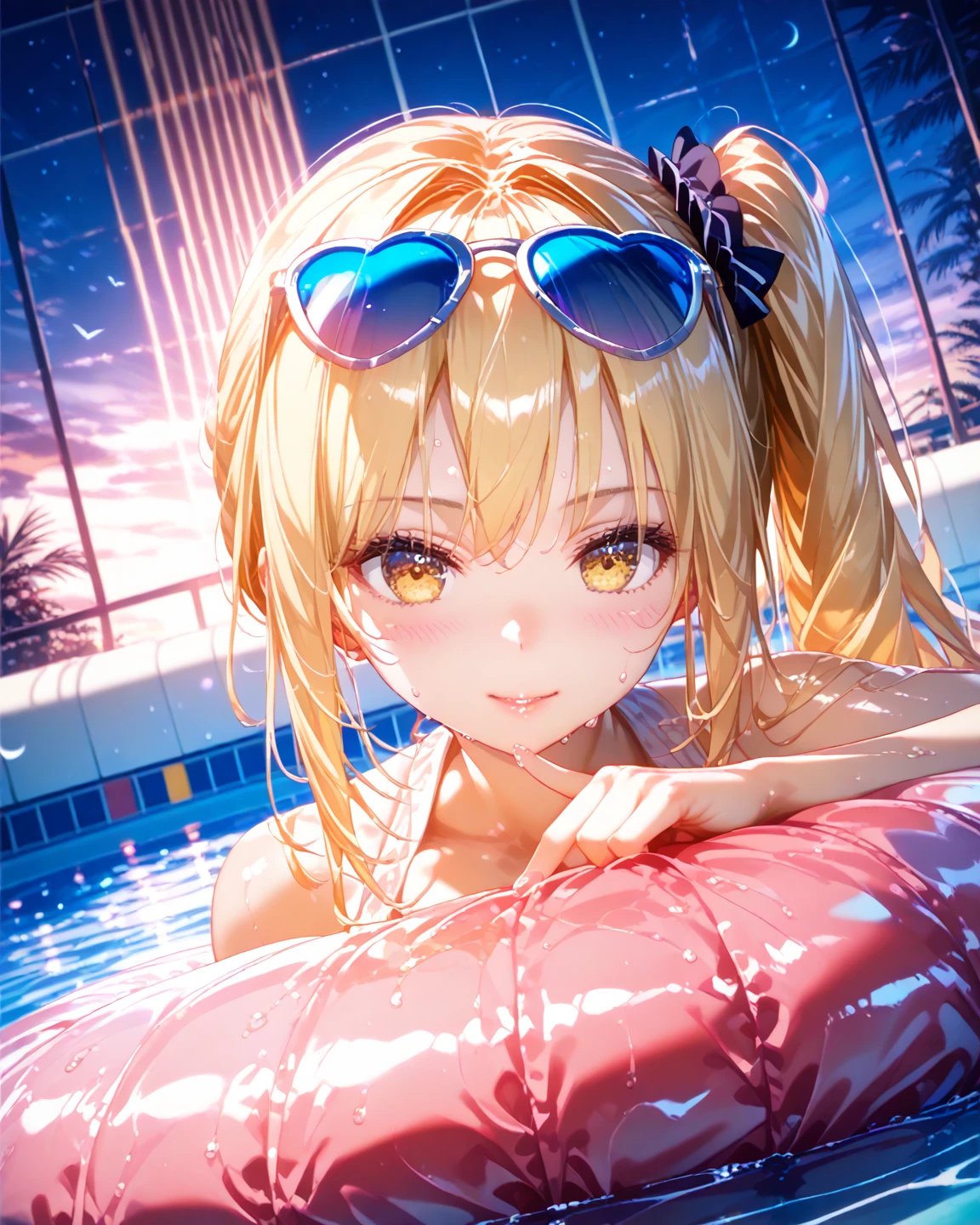 20 years old,1 mature woman, hyperrealistic, sexy, relax, pool, headfone, cyberpunk, (ultra quality), (masterpiece), (perfect female figure), NSFW, (extremely detailed 8k), (very delicate and beautiful),  (perfect face, detailed face, detailed eyes, perfect hands ,perfect fingers), (full body)