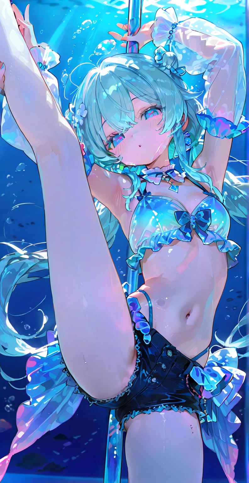 Masterpiece、最high quality、high quality、High definition、High resolution、High detail、Lens flare、Ray Tracing、high qualityのテクスチャー、high qualityの影、Beautiful details、Detailed explanation、Detailed texture、Realistic facial expression、Realistic and colorful、Delicate、Cinematic Light、Side light、Sharp Focus、(1 Girl:1.3)、(Intricate detailakeup、Pure Eros Face_v1:0.5)、(Details Beautiful delicate face、Detailed beautiful delicate eyes、Perfect Facial Proportions、Detailed skin、Charm)、Facial expression during orgasm、Fancy Twin Tails、Beautiful bangs、(Two-tone gradient hair color）、slender、(Upturned beautiful breasts)、(Detailed crotch、Open crotch、Showing off your crotch)、Female juice、Experiencing the best orgasm、(Spread your knees and open your legs)、(Raise your arm and make a peace sign)、Light-colored mini bikini、Detailed abdomen、Light-colored V-cut、Light-colored thong、Beautiful ass、Thighs、Jacket、Low-angle composition、Water Mirror、Hatsune Miku、(Take a deep breath、Work on this image step by step)
