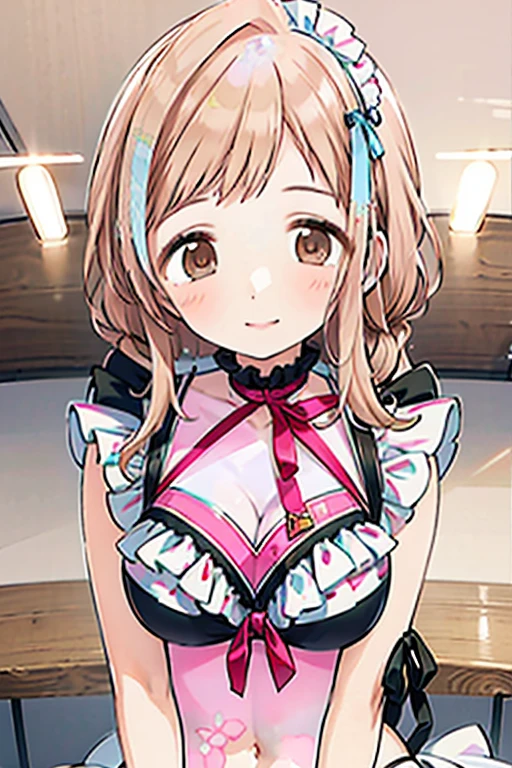 masterpiece, Highest quality, look up, Looking at the audience, smile, short hair, blonde, Red ribbon in hair, (Frill dress:1.2), Hotel, Bare Chest, Wearing virgin-killing clothes,Extreme close up, Highest quality, 1 Beautiful Japan Woman, Standing in front of a full-length mirror (Selfie:1.5), Lift one leg、生意気なsmileで遊び心のあるポーズをとる, ヨーロッパの高級Hotelで,Very elaborate fingers, Very thin needles