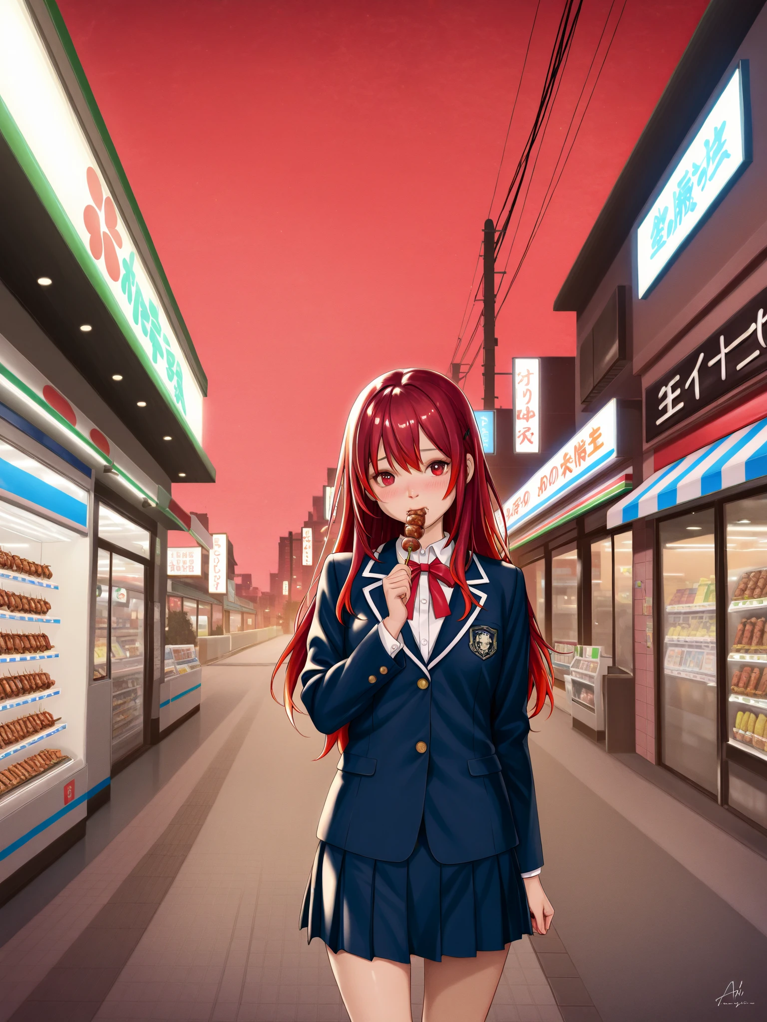 Ridiculous resolution,A high resolution,(tmasterpiece:1.4),Hyper-detailing,Pink Long Hair, 1girll, dual horsetail, Solo, red color eyes, Angry, white necktie, Pleated plaid red skirt, school uniform, Zombie role-playing,Supermarket,Zombie apocalypse,Zombie outbreak,Blood on the head(1.2)
