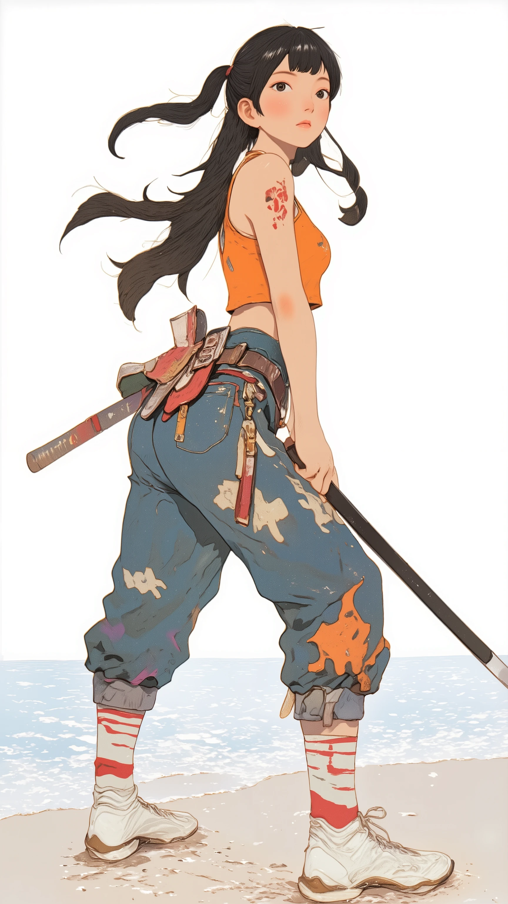 solo、1 Japanese woman with black hair and twin tails 、pale pink lips standing facing the ocean、thick lower lip、 Orange sports bra、 Big Bust、 DELICATE ENEMIES FIGHT  、 Futuristic white and red high-top sneakers with a Japanese sword hanging from the waist belt、 Dynamic Poses、   crouching and getting ready to pull out my sword 、 I'm fighting against a delicate enemy 。 、 white background 、anatomically correct、
