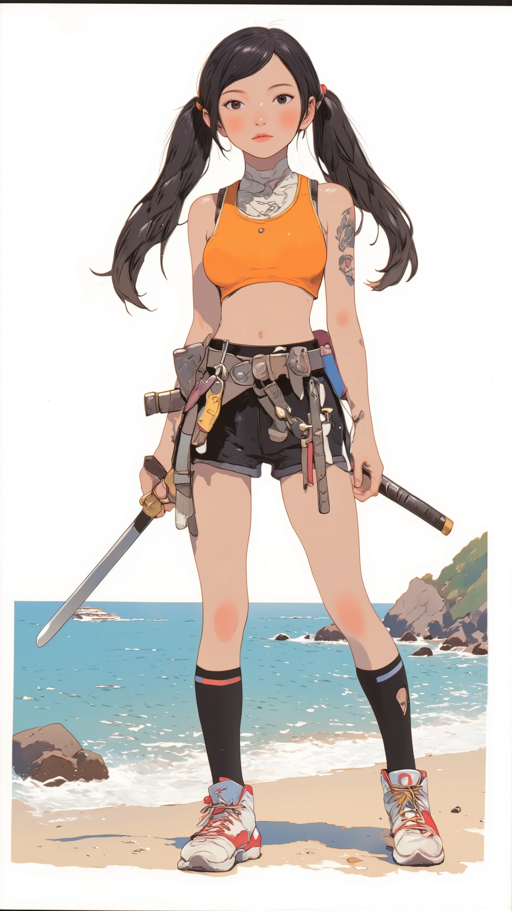 solo、1 Japanese woman with black hair and twin tails 、pale pink lips standing facing the ocean、thick lower lip、 Orange sports bra、 Big Bust、 DELICATE ENEMIES FIGHT  、 Futuristic white and red high-top sneakers with a Japanese sword hanging from the waist belt、 Dynamic Poses、   crouching and getting ready to pull out my sword 、 I'm fighting against a delicate enemy 。 、 white background 、anatomically correct、