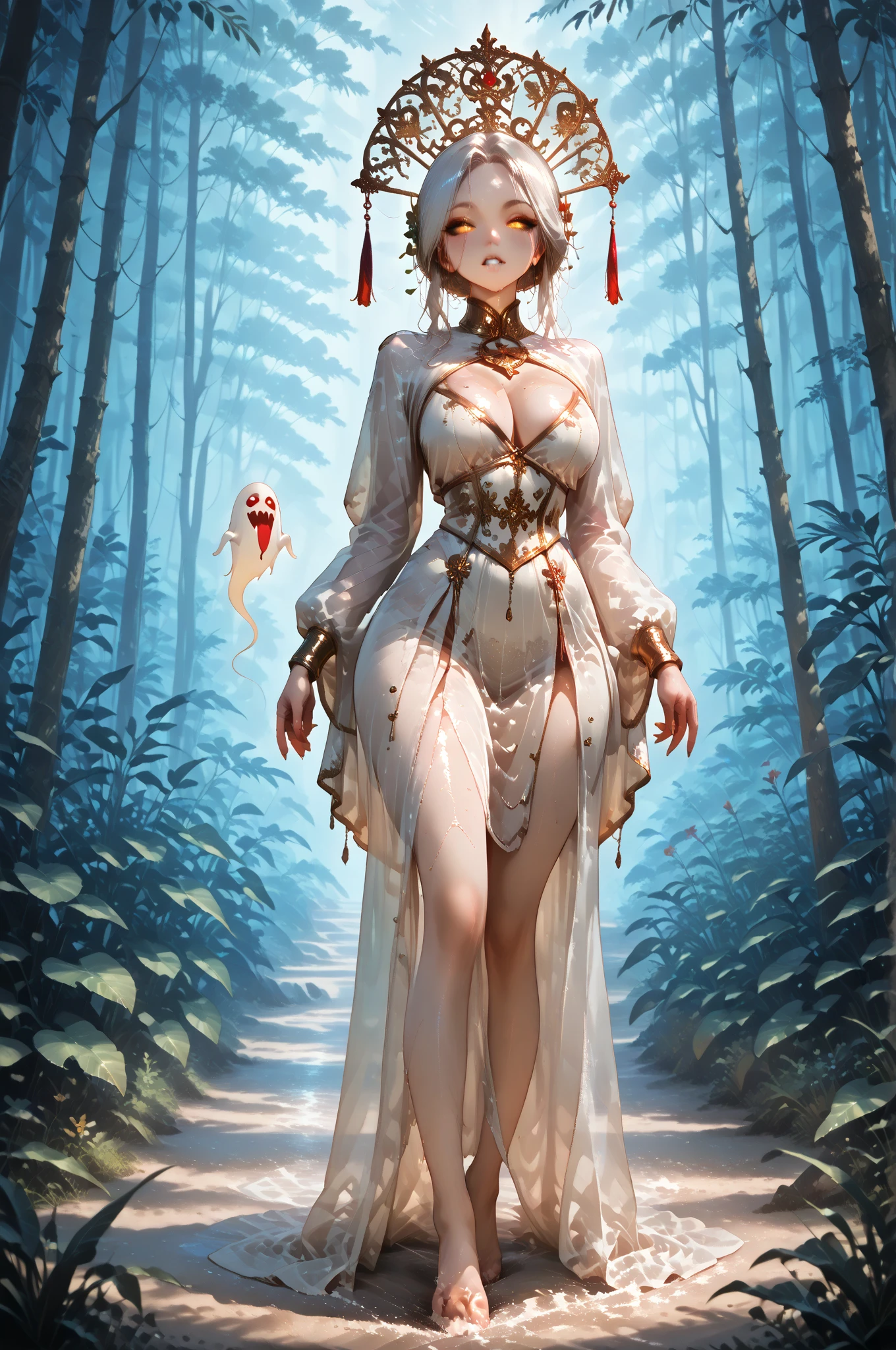 （8k, RAW photos, minino：1.1） ，female，（looki at viewer company），cowboy lens，Japanese，mother spider / (demon slayer\），（fullbody saree：1.1），La Brett Piercing，cleavage，(((saree)))，seductive smile，Be red on the face, full body photo, standing, lean, muscular legs, muscular belly, white hair ,seductive pose, Professional lighting、photon mapping、physics-based rendering、dark theme，wearing wifs, jewellery and necklace, alone, extreme high quality, legs covering saree