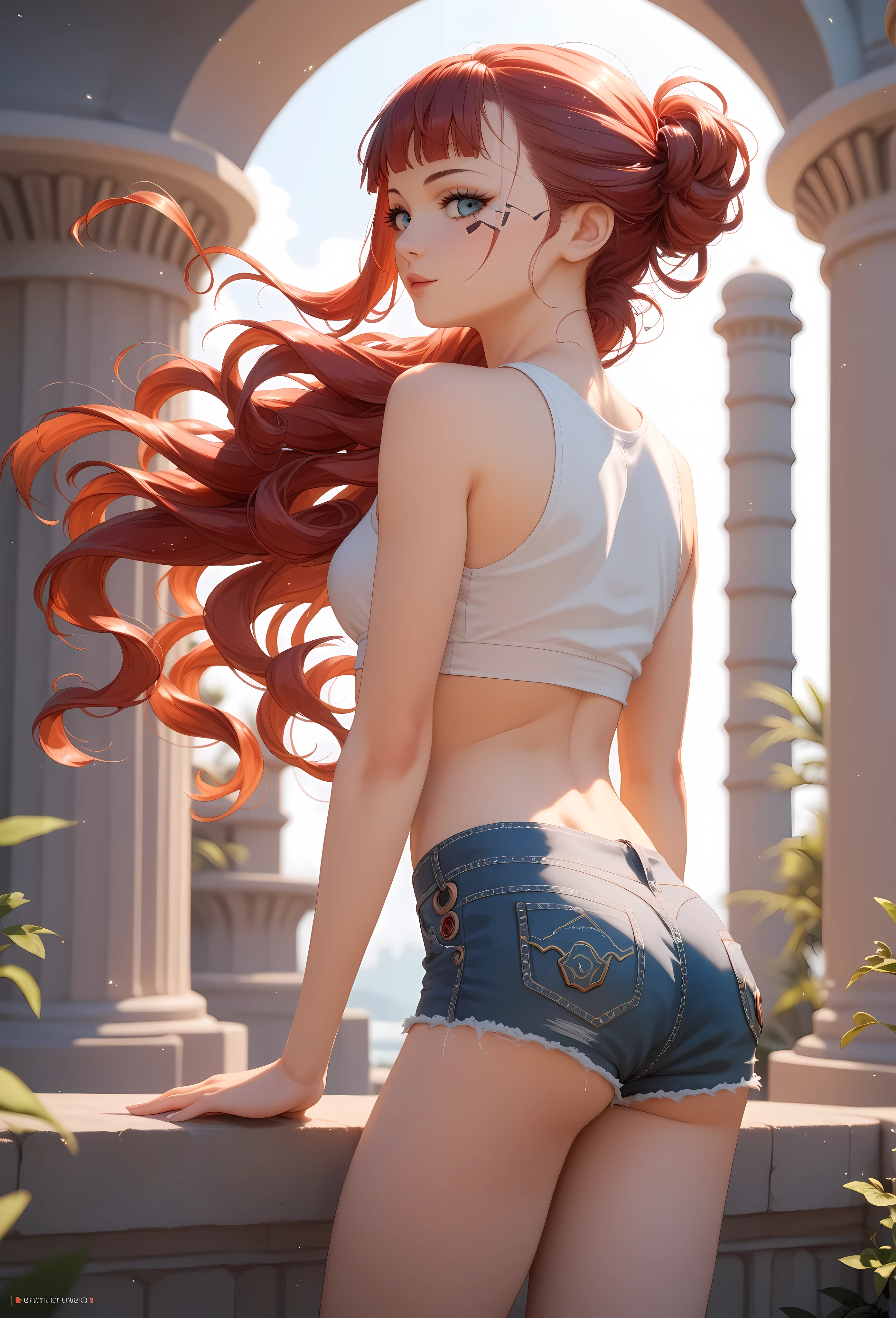 A high-quality summer portrait of a natural beauty, long flowing hair, white crop top and denim shorts, elegant pose leaning against a stone pillar, warm sunlight with bokeh effect, presented in a low-poly 16-bit isometric video game style, Cyberpunk-Stadtkulisse, leuchtende Farben, detailed lighting, clean sharp edges, atmospheric atmosphere, ultra-detailliert, 16K quality. trending auf Artstation
ultrarealistisch