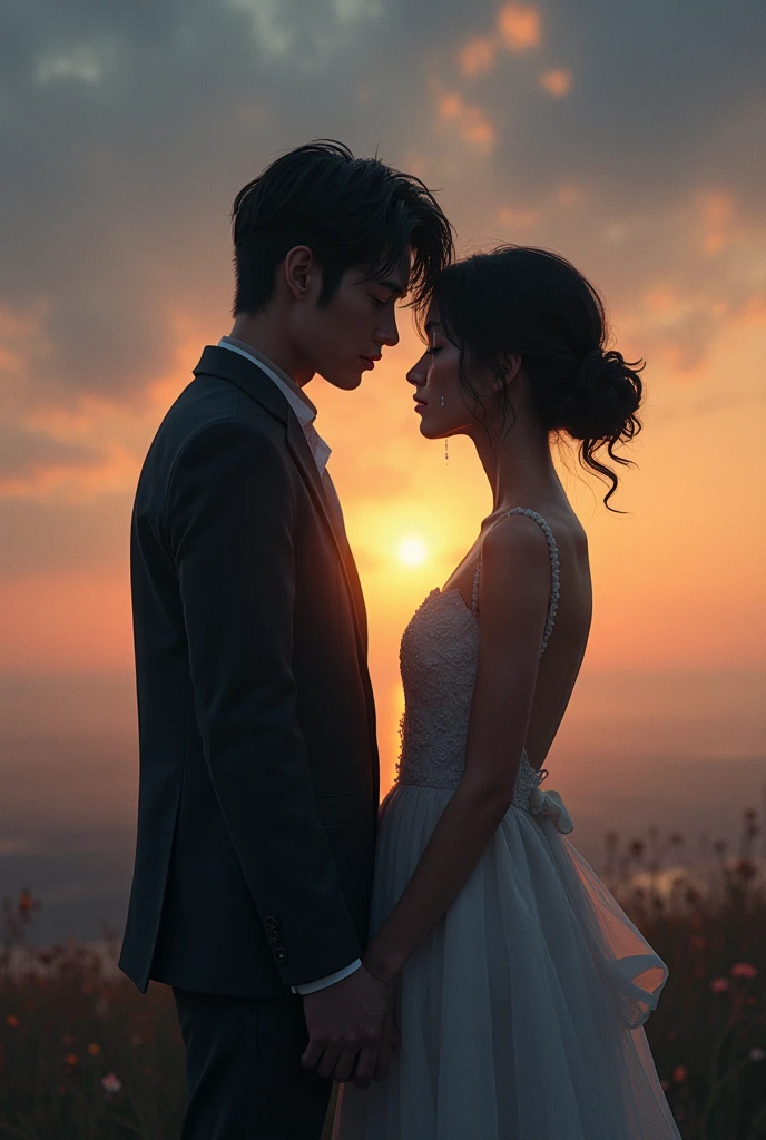 professional wedding photography, (Masterpiece), (intriciate detail), (photorealestic:1.3), (film grain:1.3), (perfect anatomy:1.3), epiCRealism, break, USA, at the Statue of Liberty, break, a romantic photoshoot of a handsome man and cute woman couple), wearing elegant outfits, {holding hands | kissing},