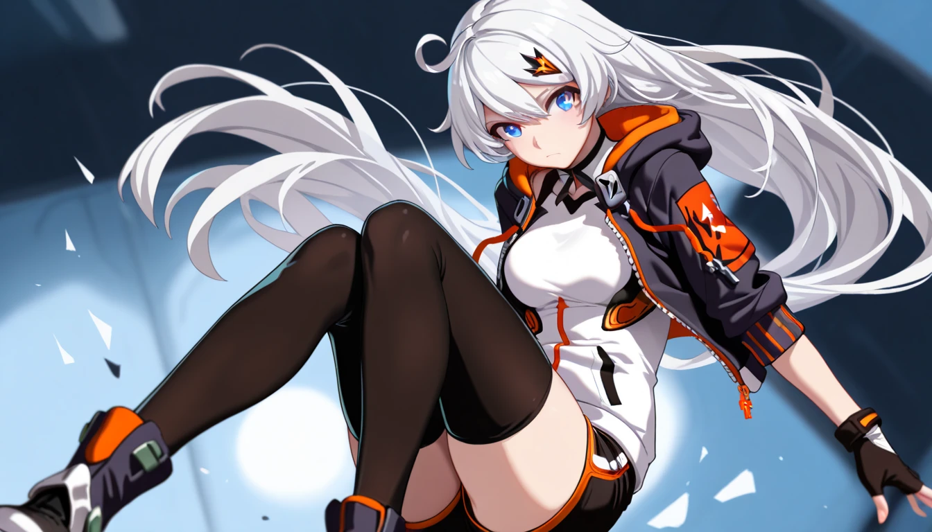 ((Highest quality)), ((masterpiece)), ((Very detailed)), (Very mature),A cute high school girl with a gentle look, white hair and about 165cm tall.,A female high school student with big breasts and a cute smile wearing a transparent black waifus with a cute patterned hood that shows off her shoulders, A gentle woman with a slightly long vertical face,Small Faced Woman,alone, Cute attitude,(background(bright),Long Hair - Straight,Knee-high socks、A transparent white veil with a cute pattern and a hood with white off-the-shoulders,White wall、Sitting、Facing the viewer、縁に模様がある壁が1面のbackground