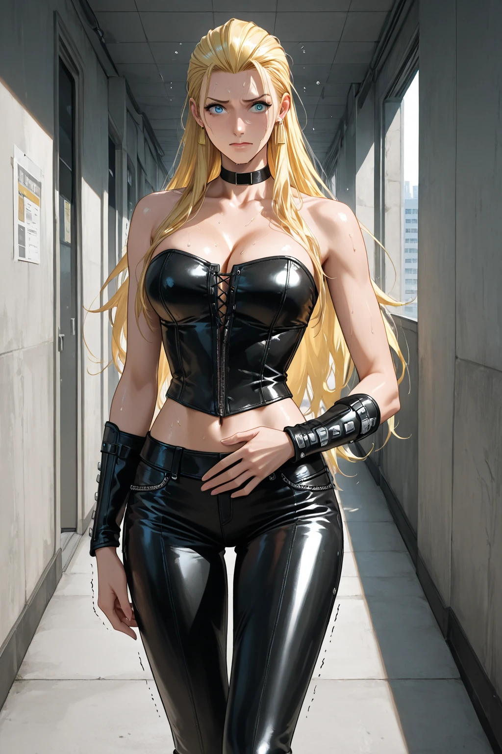 Gorgeous european woman with very short straight hair, pigtails, wet hair, hair slicked back, combed straight back, slick hair, streaked caramelblonde hair, seductive, dressed as ling xiaoyu from tekken, cleavage, solid dark grey background