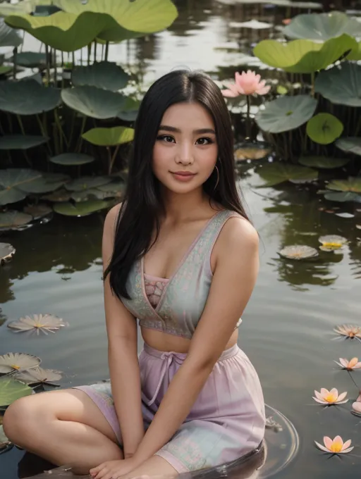(((solo))) (Ultra detailed:1.3) (((hyperrealistic))) color professional (full length body portrait:1.4) (((1 girl))) photo of (((Vietnamese 18 yo, short black wavy hair))), ((extremely detailed skin), (detailed face:1.2), ((hyperrealistic on human facial skin detailed texture(taut, ags under the eyes, ((expression lines)), ((nasolabial folds)), ((contour)), luster, pores, supple skin pores)))), ((detailed full lips)), ((hyperrealist high detailed hair)), ((hyperrealistic detailed wearing ((charcoal purple aoyem<lora:AoYem_V10_4rp_9ep_1e-4:1.5:OUTD>)))) made by brocade silk fabric, wearing (white (long pants)) made by brocade silk fabric, wearing high heels on foot, (realistic, detailed eyes, attractive nature sexy educative shaded pose), alluring eyes, (small breasts:1.1), (looking at viewer:1.331), (sit in the wood boat on the lotus flower river), (hyperrealistic lotus flower river background), ((visible pores:0.3)), ((high detailed skin:0.9)), intense, modelshoot style, intricate detail, imperceptible detail, artesian, masterpiece, DSLR, DLSR, photo shots of the most beautiful artwork in the world, photographed on a Sony Alpha 1 Camera, Zeiss 35mm lens, F/8 aperture, RAW photo ((ultra-detailed)), RAW color, wide angle, sharp outline, (((sharp focus on face))), (depth of field), POV, 8K, UHD, diffused soft light, soft lighting, lens flare, natural warm lighting, light from above, (strong front main lighting), halo, crystal clear, high res, photorealistic, depth layering, physically-based rendering