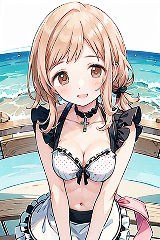 masterpiece,best quality,ultra detail, (loli girl), (small breasts), short brown hair, purple eyes, (outfit cowprint bikini), open mouth, shy, blush, viewer's view from below, thighs, beach scene