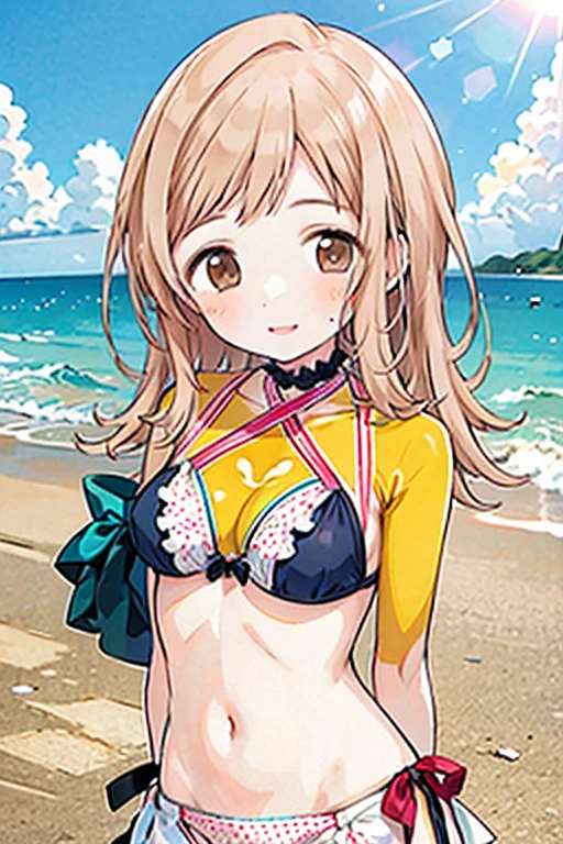 lovelive、Kasumi Nakasu、Yellow-brown hair、Bobcut、short hair、Asymmetrical bangs、Long left bangs、Red Eye、Riverbank、Yellow Bikini、cute、smile、View your viewers、Clear skies、Depth of written boundary、Ray Tracing