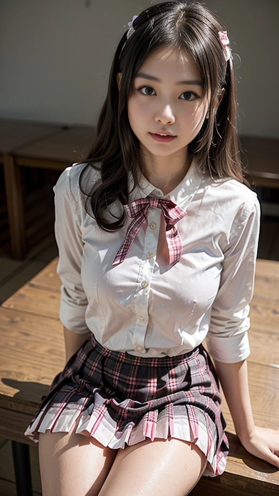 masterpiece, best quality, ultra quality, high quality, realistic, photo realistic, warm lighting,natural lighting,cinematic lighting,RAW photo, hyper detailed, intricate detailed, perfect anatomy, Fujifilm XT3,1girl,Japanese,(slender abs:1.5), hairy pussy,camel toe, Black semi-long twintails with blunt bangs, (from front:1.1),(look at camera:1.1),smile,(blushing:1.3),teary eyes,(standing:1.2),bedroom,(mideum shot),Glasses,(smile),(no bra,braless:1.3),(wearing collared white blouse:1.3),(wearing striped panty:1.3),(wearing tartan check skirt:1.3),braless,