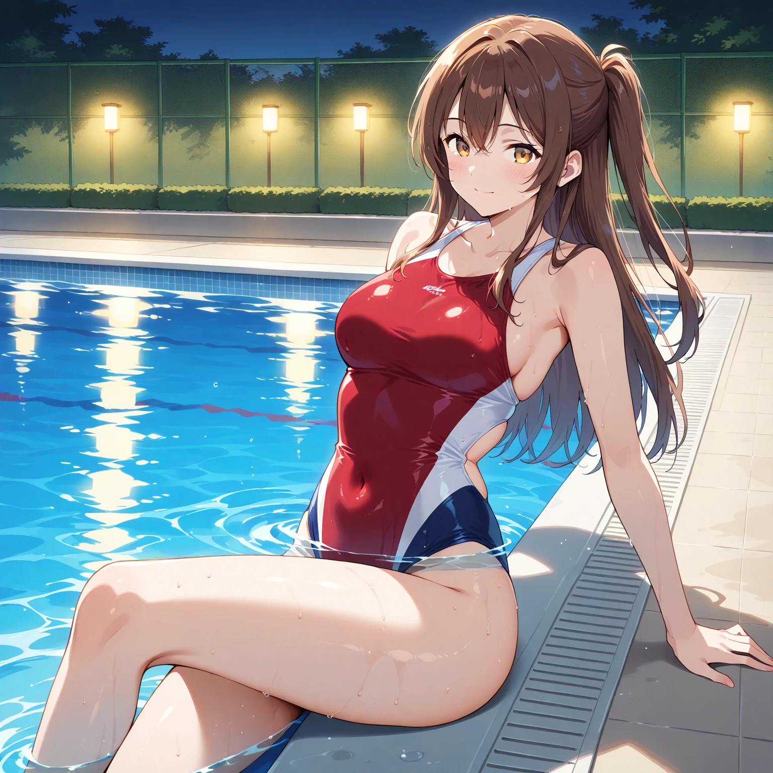 highest quality、one beautiful woman、beautiful big breasted woman:1.5、medium hair woman、(brown haired woman:1.3)、((Woman in orange competitive swimsuit:1.3))、bare hands、barefoot、Hot springs at luxury inns、Open-air bath surrounded by stones、light up、night、smile、Woman soaking in open-air bath