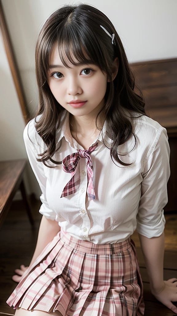 (((8k、High resolution、Highest quality、High resolution)))alone、Natural body shape、White skin、Natural Makeup、Black Hair、bangs、Straight Long Hair、、((High School Uniform)) 、((Beige cardigan、white collared long sleeve blouse))、((Red checkered pleated skirt))、(red school ribbon)、、(Big Breasts:1.3)、((The upper body is wearing a uniform))、(((((Looking into the camera)))))、(((Head to shin portrait)))、(((Exposing your thighs)))、Bedroom、On the bed、Sit with your legs apart、((Focus on the crotch))、White socks