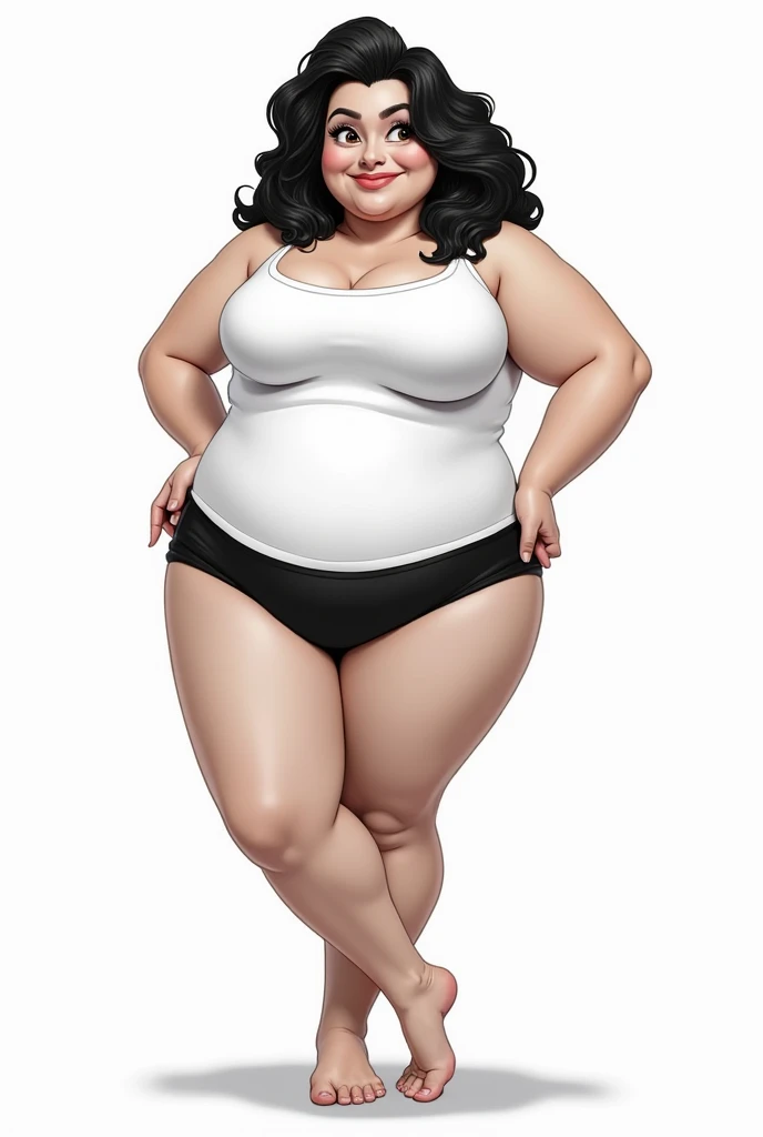 Cartoon chubby woman with dark skin and short black hair