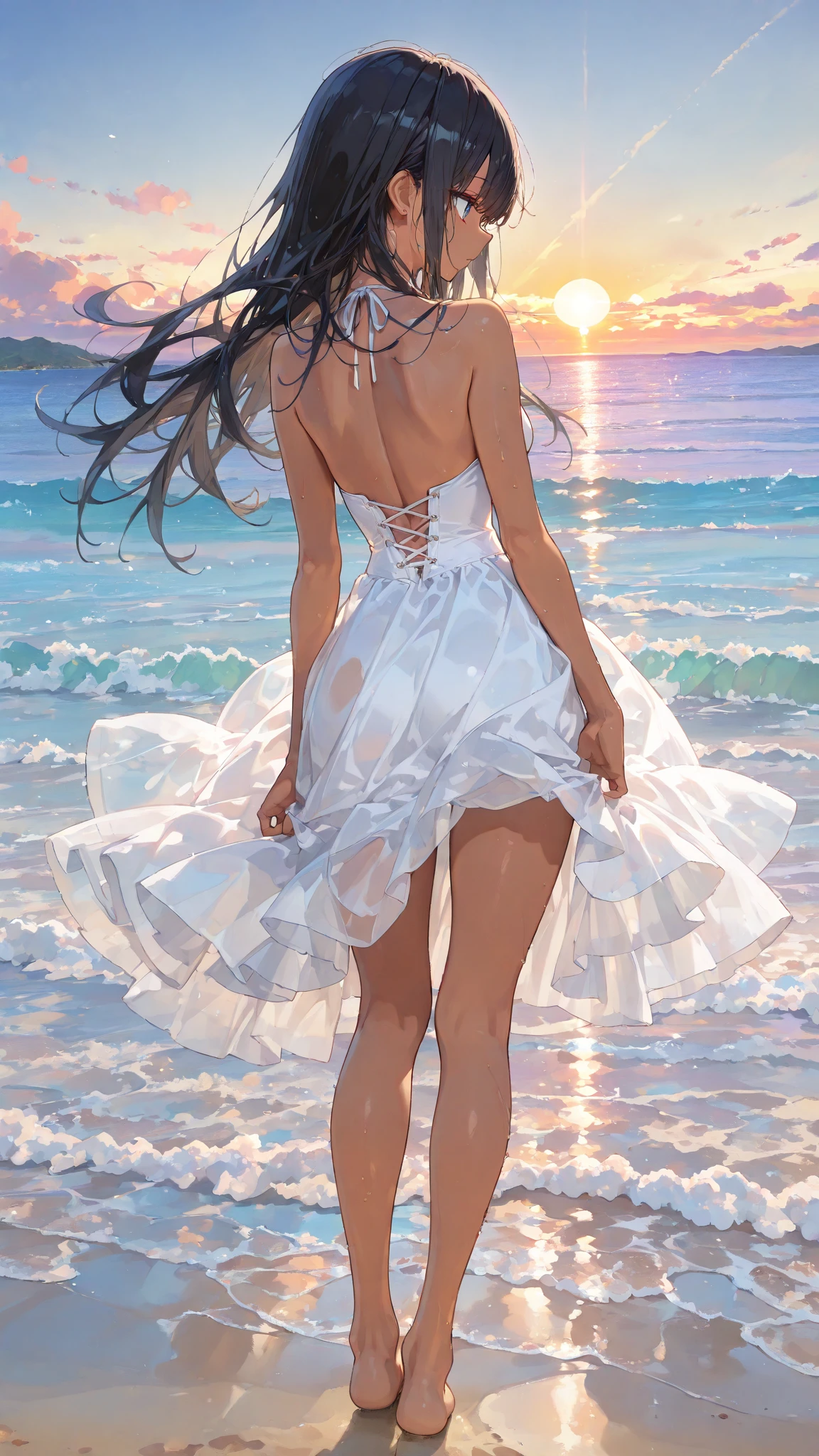 a portrait of a bride surfing the waves, on a sunny day in ocean, an exotic beautiful bride, ((anatomically correct: 1.5)) ultra detailed face, dynamic hair color, dynamic hair style, dynamic skin complexion, (best detailed face: 1.5), busty wearing intricate, elegant bride's dress, glamour bride dress, barefoot, she is surfing an ((surf board: 1.3)) she surfs a massive wave, sunny day, sun rays, some clouds, wavy ocean background, vibrant, Ultra-high resolution, High Contrast, (masterpiece:1.5), highest quality, Best aesthetics), best details, best quality, highres, 16k, (ultra detailed: 1.5), masterpiece, best quality, (extremely detailed) RAW, (ultra details, Masterpiece, best quality), ba11g0wn, princess dress