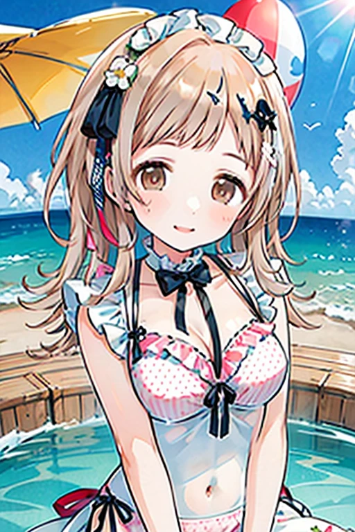 sfw, multiple girls, beach, sunny, sea, tropical island, playing beach volleyball, volleyball net, splashes of water, action, nose blush, wet, masterpiece, higres, best quality, (Yomi, blue eyes, blonde hair, hairclip, hair ornament, white bow, hair bow, twintails, blue eyes, large breasts, cleavage, jewelry, underwear, swimsuit, bikini, necklace, bracelet, see-through, plaid, lingerie, smile, open mouth, one eye is closed), <lora:Yomi2_lora:0.8> <lora:more_details:0.6>