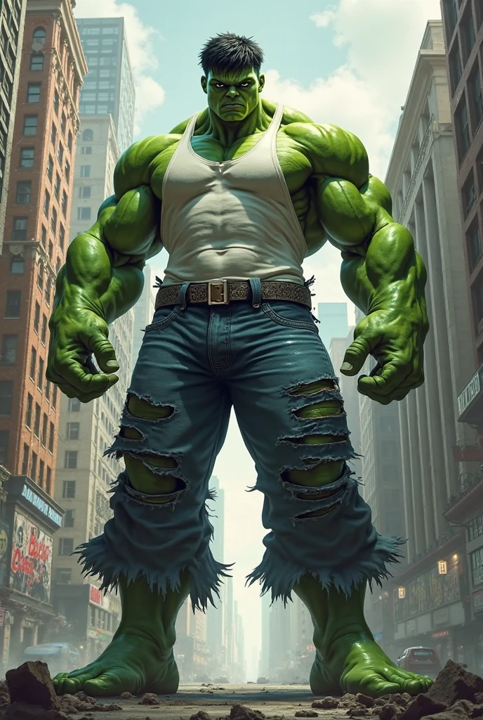 a muscular green humanoid figure, a green giant, a huge muscular green humanoid creature, ripped clothes, torn pants, tattered clothes, standing in the middle of a devastated city, destroyed buildings, rubble, debris, smoke, dust, a wrecked cityscape, calm expression, relaxed pose, viewed from behind, superhero, comic book character, cinematic lighting, dramatic shadows, moody lighting, muted color palette, gritty, realistic