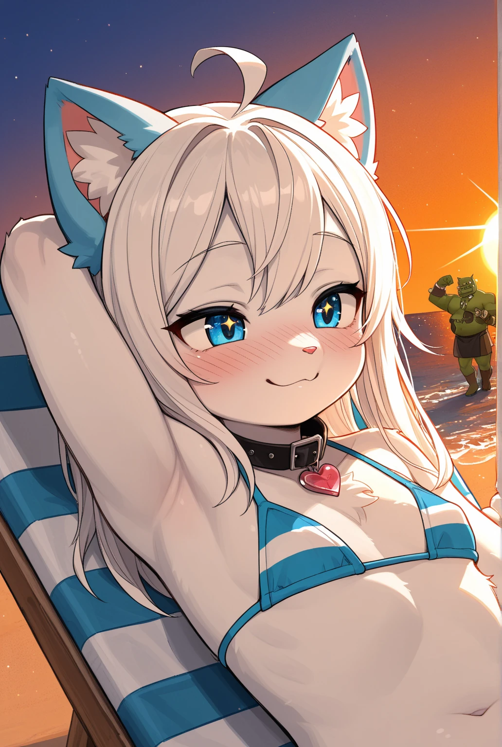 Cute girls,ojos rojos redondos, cabello blanco、orejas de conejo,sexy、sonriendo,Peinado liso medio a largo、（Bigboobs,，Wear a green swimsuit，En una casa de alquiler，sitting on the couch，Noche，estaba lloviendo afuera，Upper body is wet.,cuerpo entero,green swimsuit