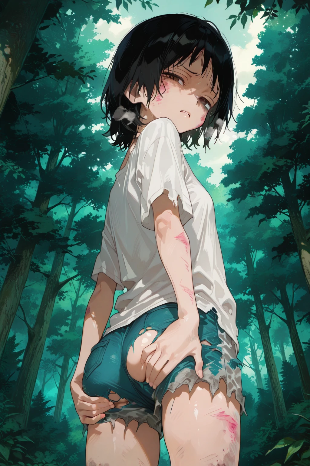 masterpiece, High resolution, alone, 8k, detailed, Perfect Face, Highest quality, (super high quality), (Looking at the audience), (Underarm), clavicle, Bare arms, Small breasts, Cleavage, Dark blue hair, short hair, Bob Hair, (Hair covering the side of the face), blue eyes, Gradient Eye, (I can only see out of one eye), stomach, Stomach, belly button, stomach筋, Sarasi Chest,, The body is slim, Narrow waist, whole body, NUDE,Emotionless, Flat face, Open your mouth, In the forest, Raise your hands,missionary, 1boy, penis, lying, vaginale, ass pov, spread legs, sex, nsfw
