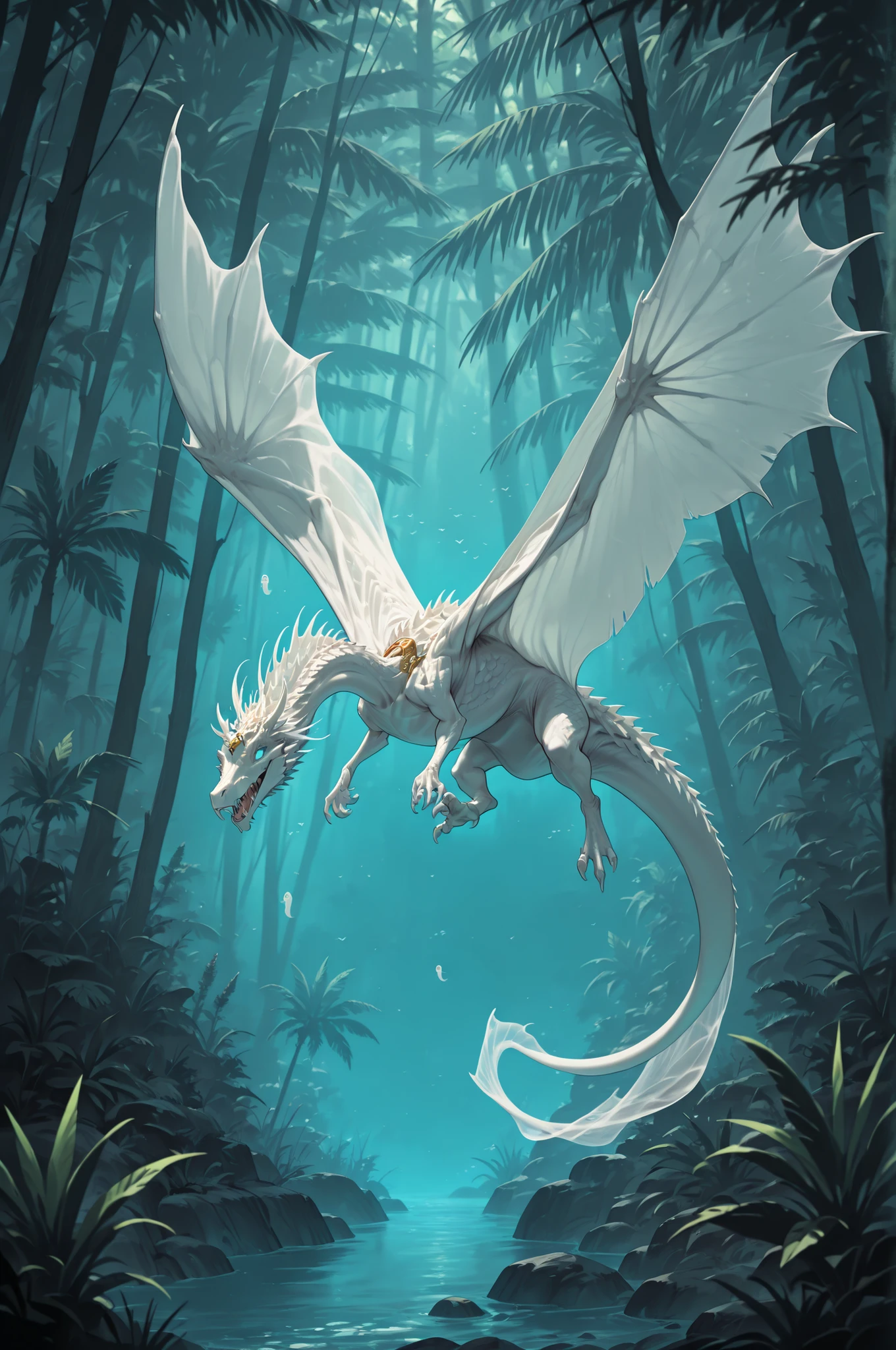 masterpiece, best quality, amazing quality, very aesthetic, high resolution, newest, hyper-detailed, ghost-Dinosaur, ivory and gold, with a sabertooth, leathes wings, fantasy theme, full body fan art, amazing tropical forest background, depth of field