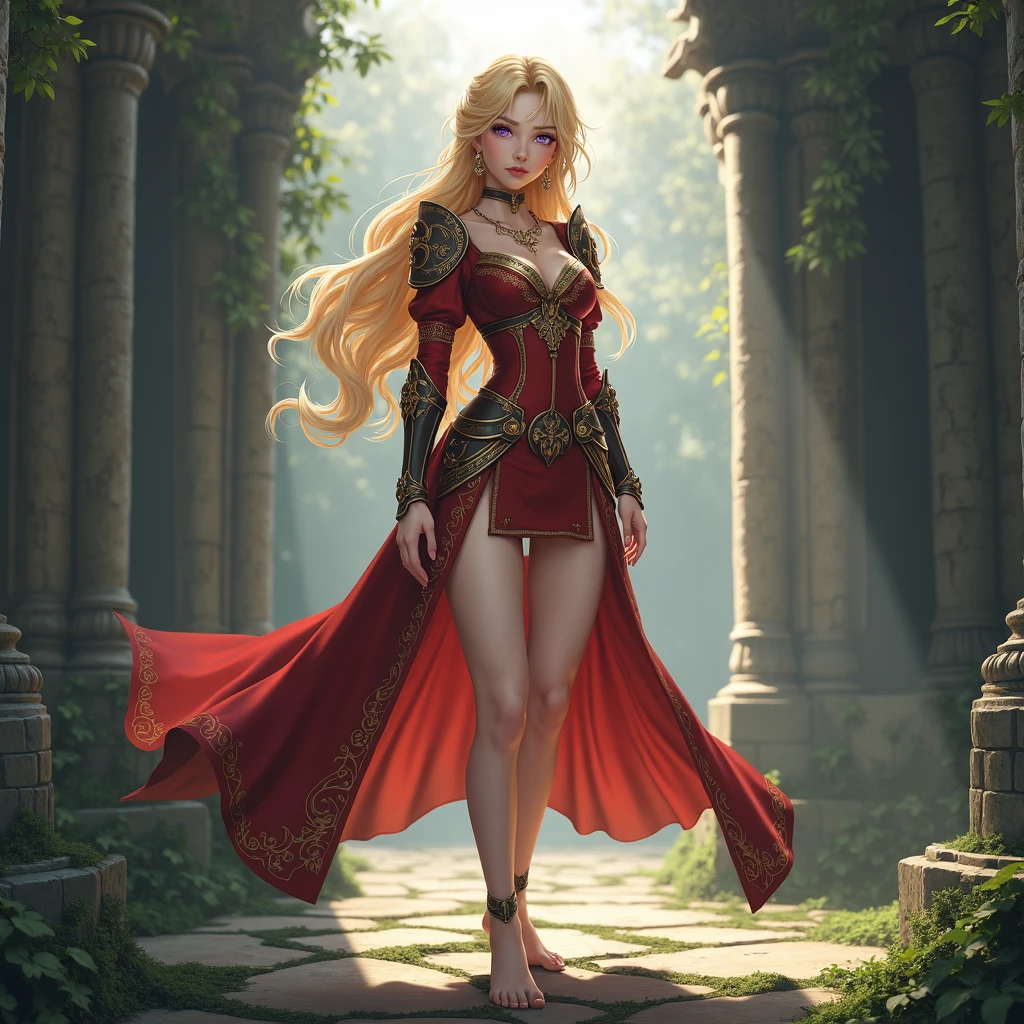(masterpiece), a stunning photograph of blackpink rose, full body, 8k, raw photo, looking at viewer, (highly detailed skin:1.2), small breasts, slim body, blonde hair, (photorealistic:1.4), red long dress , solo, jewelry, earrings, (looking at viewer), long hair, brown eyes, portrait, realistic, smile, makeup, flowers and nature in background